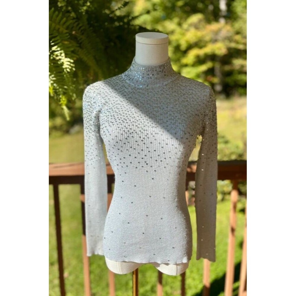 Once Again S Silver Metallic Sequin Mock Neck Sweater